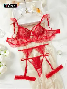 Christmas Midnight Floral Embroidered Lace Soft Comfy Lingerie Set, Adjustable Bra & Thigh Straps, Comfortable Women's Underwear, Multi-Color