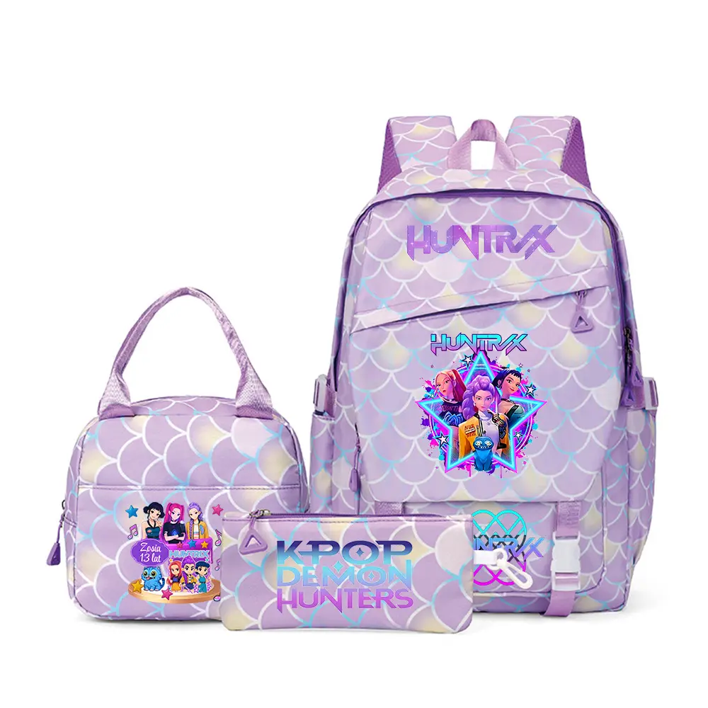 3Pcs Cartoon Anime Girl Print Backpack Set for Women Teen Girls, Pastel Purple Mermaid Scale Printed Large Capacity School Backpack with Insulated Lunch Bag and Pencil Pouch, Lightweight Water Resistant Multi-Pocket Casual Daypack for School Travel Daily