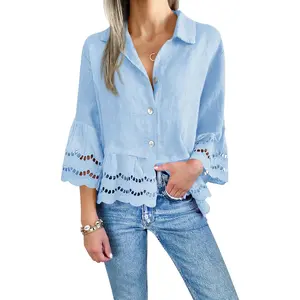 Imily Bela Womens Casual Button Up Shirts Trendy Loose Hollow Out Ruffle Hem and 3/4 Sleeve Blouse Tops
