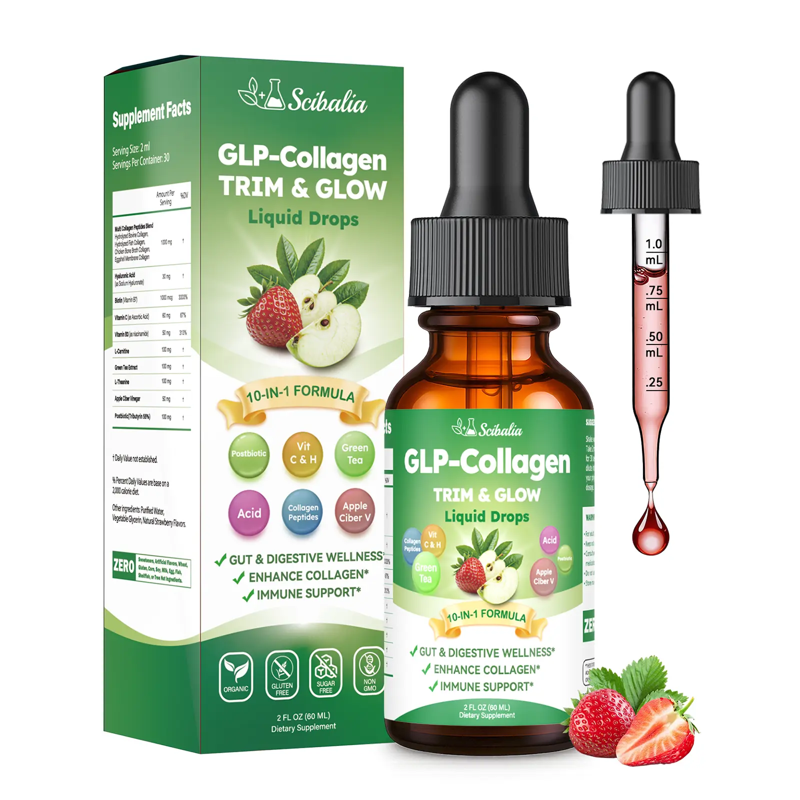 Liquid Collagen for Women, GLP Friendly 10-in-1 Multi Collagen Trim & Glow with Hyaluronic Acid Biotin Green Tea & ACV, Hydrolyzed Collagen Burn Drops for Digestive Gut Skin Health & Hair Growth Natural Wellness Boost