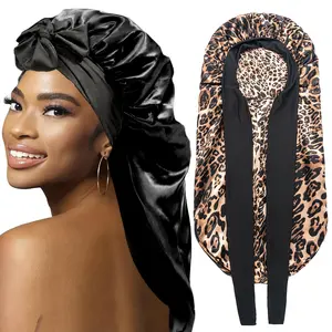 2 Count Satin Braid Bonnet for Women - Large Silk Sleep Cap Braids Soft Elastic Multifunctional Hair Care Haircare Heatless (Black&Leopard Print)
