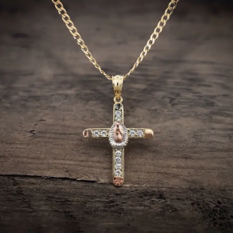 Gold Virgin Mary Cross Necklace, Adorned with Clear Cubic Zirconia Stones, Dainty Religious Jewelry for Women