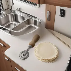 Multi-Function Wooden Handle Pastry Roller Cutter, RV Camper Kitchen Gadget for Dumpling Skin Edge & Cookie Biscuit Decoration Molding