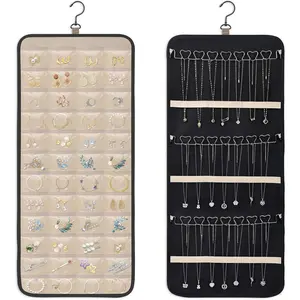 Double-Sided   Organizer, Large Black Storage Roll for Earrings, Necklaces, Rings, 48 Pockets 21 Hooks, Durable Oxford Fabric for Closet, Wall, Door, 1 count,  Not Included