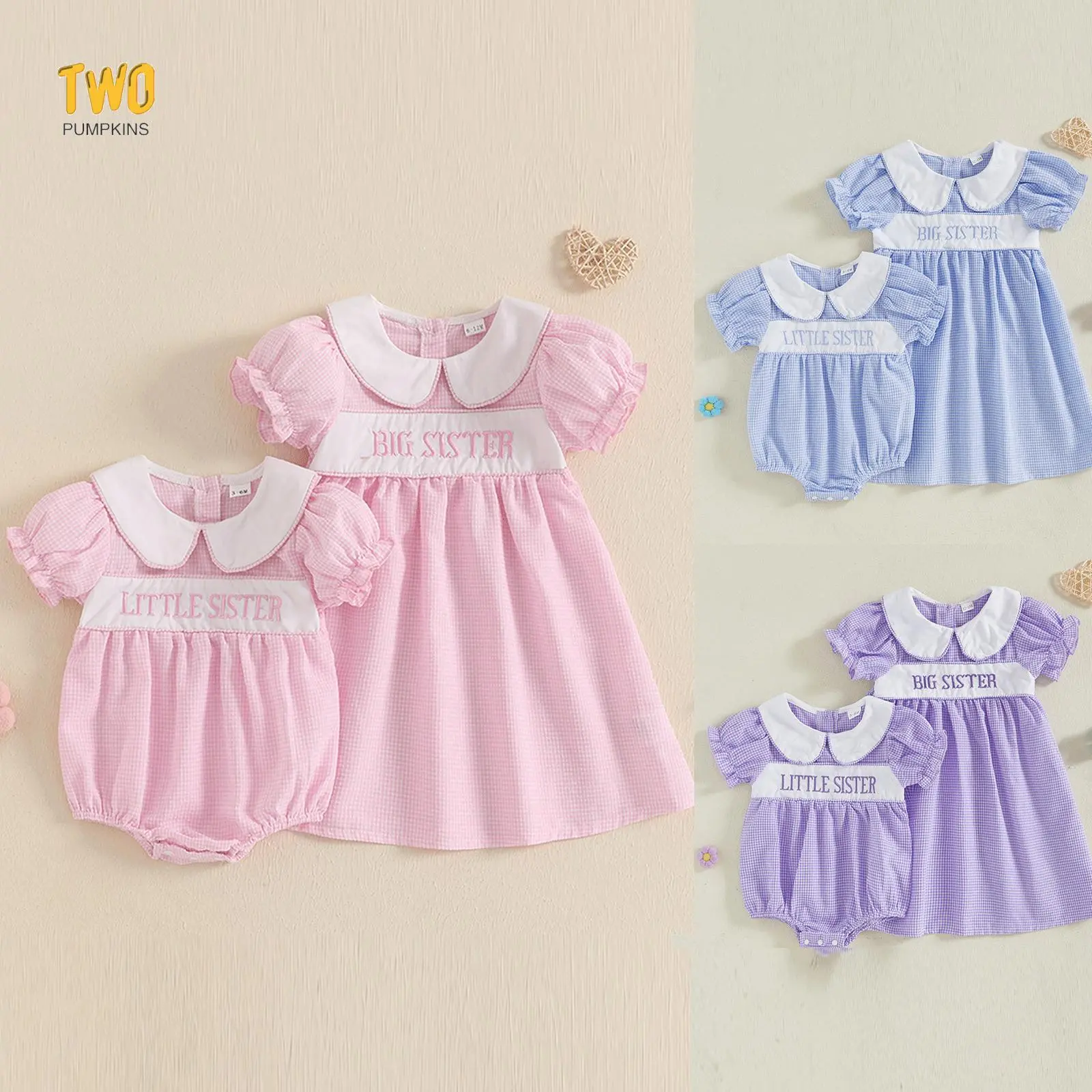 Big Sister Little Sister Matching Outfits Baby Girl Smocked Short Sleeve Romper T-shirt Toddler Dress Summer Clothes