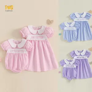 Big Sister Little Sister Matching Outfits Baby Girl Smocked Short Sleeve Romper T-shirt Toddler Dress Summer Clothes