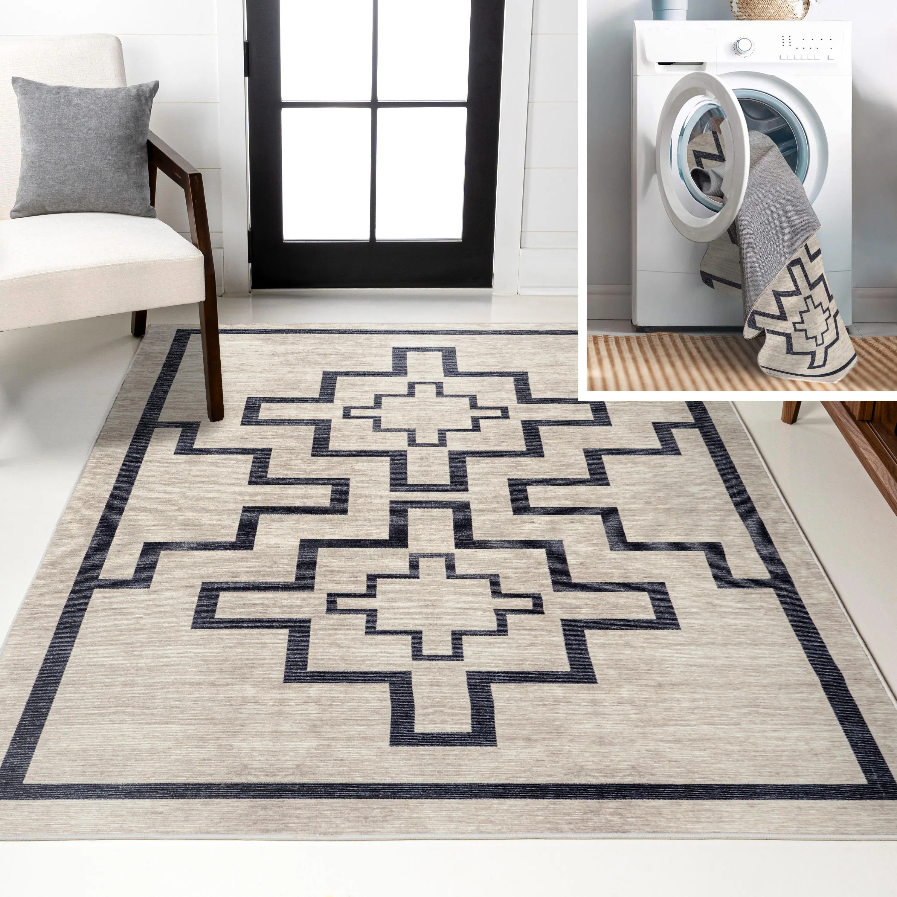 JONATHAN Y Ashkii Minimalist Medallion Machine-Washable Indoor Area Rug; for Living Room, Kitchen, Bedroom, Dining Room, Office
