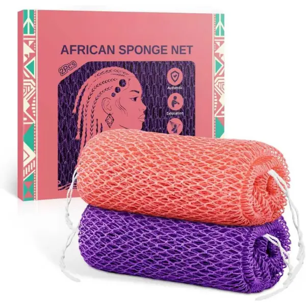 2Pcs African Net Sponge Authentic with Knots - Exfoliating Body Scrubber for All Skin Types, African Bath Sponge, Wash Cloth, Gentle Exfoliation Shower Rag for Women Daily Use(Pink & Purple)