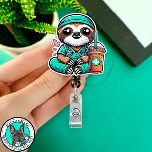 Cute Sloth Retractable Badge Reel, Sloth In Scrubs Vet Tech Badge Holder, Heavy Duty Reel, Lanyard, Carabiner, ID Name Clip, Coworker Gift