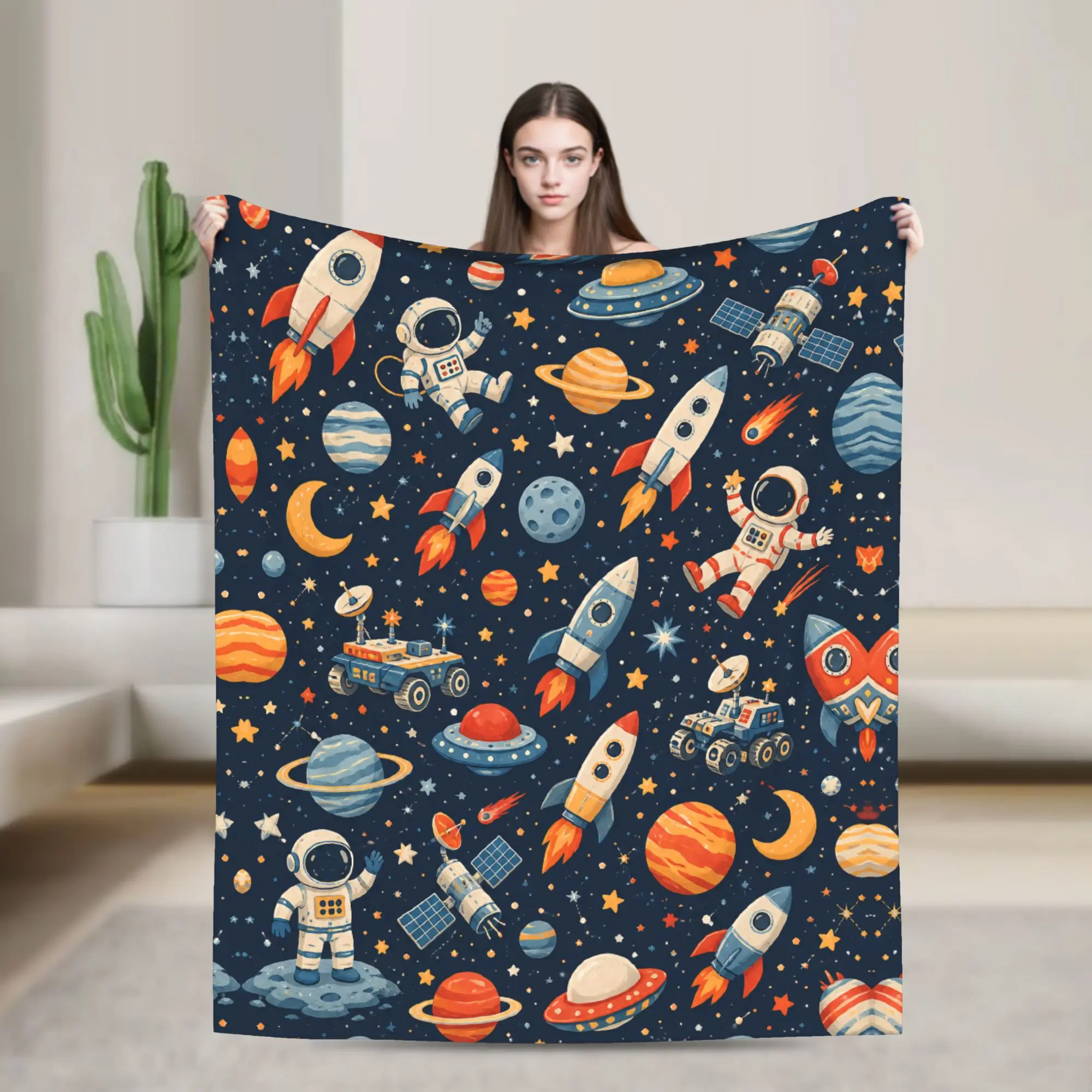 Cartoon Outer Space Astronaut Flannel Throw Blanket - Rocket, Planet, UFO, Galaxy, Stars, Soft Fleece, Warm - Kids Camping Sleeping Gear, Bedroom Decor Gift