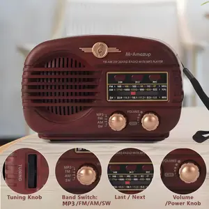 M-Amazup multifunctional radio: portable radio, wireless speaker, rechargeable battery speaker, AM/FM/SW three-band radio, TF card and USB playback, retro wood-grain design radio, MP3 player, stereo speakers, portable radio