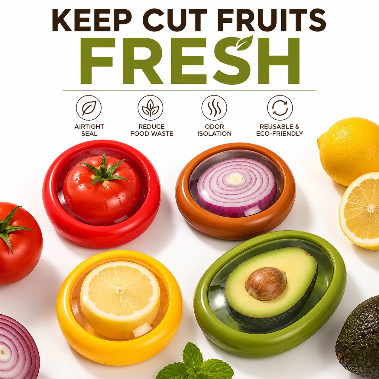 Reusable Fruit & Vegetable Fresh Keeper, Airtight Food Saver Container with Stretch TPU Film for Avocado, Lemon, Tomato & Onion