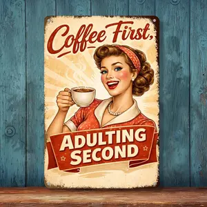 Funny Coffee Metal Sign 8x12 Inch Vintage Retro Kitchen Wall Decor Rustic Funny Quote Sign “Coffee First, Adulting Second” Gift for Coffee Lovers sticker shopping