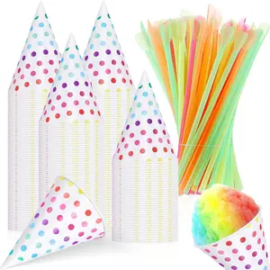 Disposable Snow Cone Cups and Spoon Straws Set Colored Polka Dot Leakproof Cone Paper Cups and Multicolor Fun Straws For Slush Shaved Ice Cream Sorbet Water (200 Set, 4.5 oz)