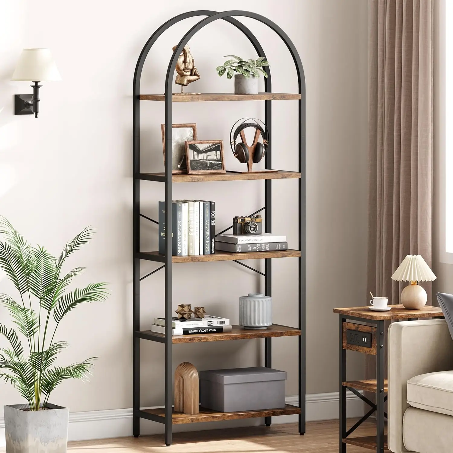 71" Tall Arched Bookshelf, Modern Open Bookcase with Metal Frame, 5-Tier Industrial Etagere Shelf for Living Room, Office, Bedroom - Anti-Tip Kit Included