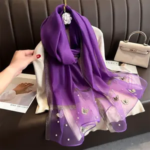 Autumn Winter Imitation Silk Thin Scarf for Women with Butterfly Embroidery and Beading Fashionable Scarf Warm Shawl