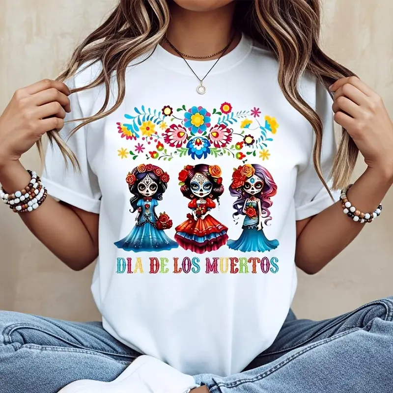 Colorful Floral Sugar Skull Girls Dia De Los Muertos Print T-Shirt, Mexican Day Of The Dead Festival Graphic Tee, Halloween Party Casual Wea