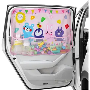 Car Window Shade for Baby, Blackout Car Window Curtain with Storage Pockets & 7 Suction Cups, Cartoon Pattern Cars Side Window Sun Shade Cover for Sun/Heat/UV Rays Protection (Pink-Animals)