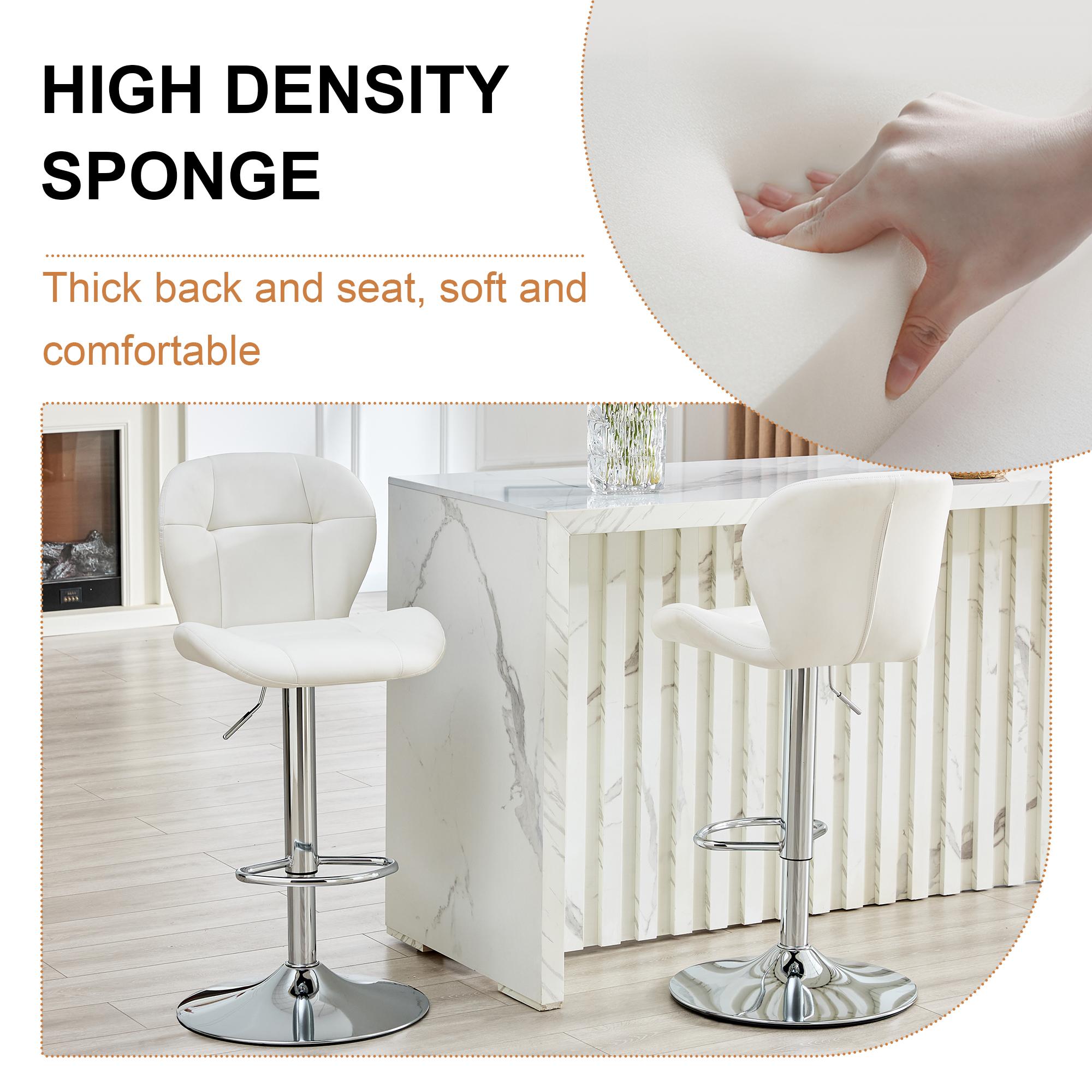 Set of 2 Adjustable Bar Stools, PU Upholstered Tufted Backrest Chairs with Chrome Footrest for Kitchen Island Pub Bar, White