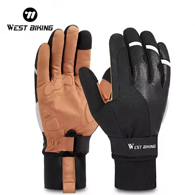 WEST BIKING Full Finger PU Leather Racing Bike Gloves, Waterproof Mountain Motorcycle Cycling Safety Gloves, Comfortable & Durable Design