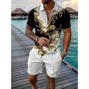 2pcs Outfits For Men Casual Short Sleeve Lapel Shirt And Drawstring Shorts Set For Summer Men'S Clothing For Vacation Workout