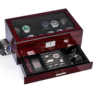 ANWBROAANWBROAD 12-Slot Watch Box – Lockable 2-Tier Watch & Jewelry Organizer with Glass Display Lid for Men