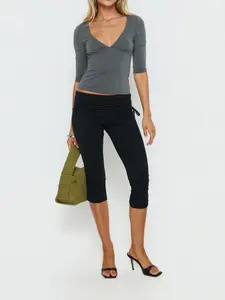 Y2K High-Waisted Seven-Eighths Cropped Pants, Side Drawstring Pleated, Casual Street Style, Fashion Slim Fit Home Pants, Women's Versatile Daily Wear