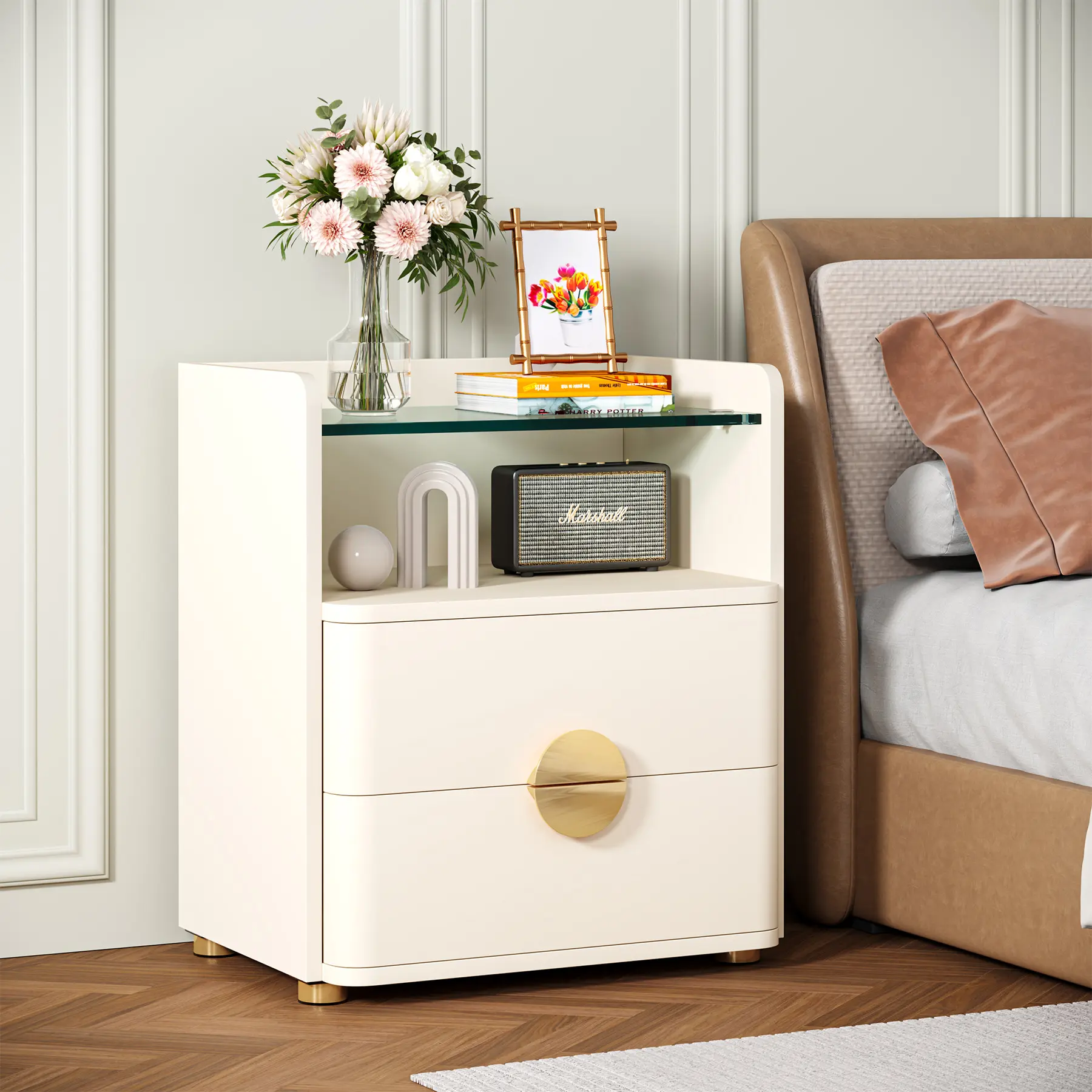 White 2-Drawer Bedroom Nightstand - Modern Indoor Furniture Bedside Table with Glass Open Shelf, Gold Round Handles, Organizing Chargers, Quiet Sliding Drawers, Storage Box