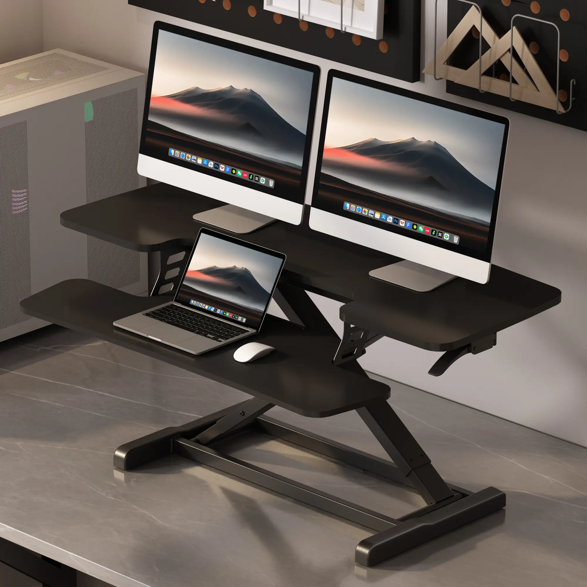 Height Adjustable Standing Desk Converter, Sit-to-Stand Desk Riser U-Shape with Spacious Removable Keyboard Tray, 2-Tier Desktop Computer Workstation in Black  Color