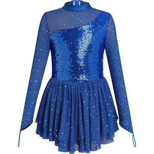 Figure Skating Dress Girl Sparkly Sequin Mock Neck Toddler Ice Skating Rhythmic Gymnastics Leotard with Chiffon Skirt