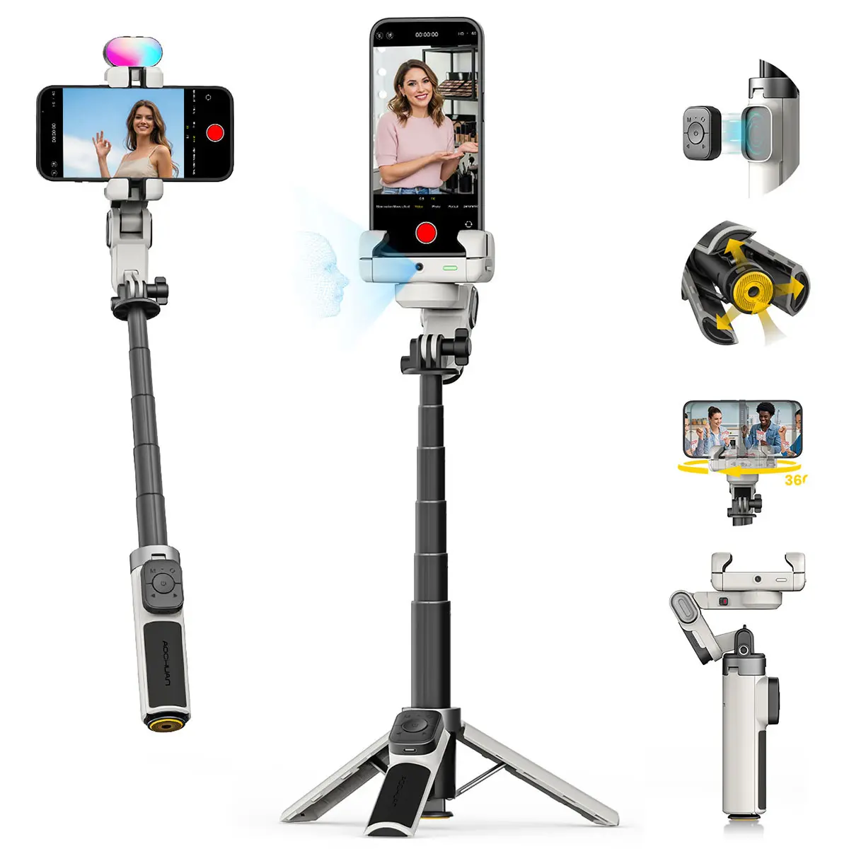 AOCHAUN phone gimbal stabilizer,gimbal shot Tripod Stabilizer Set for iPhone/Android Portable Camera Support for Photography & Videography,RGB Magnetic Smartphone Gimbal Stabilizer,Portable 3-Axis iPhone Gimbal,Portable iPhone Gimbal with OLED Display