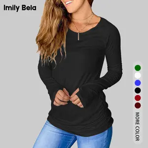 Imily Bela Essentials Women's Black Thumb Hole T-Shirt Long Sleeve Crew Neck Plain Casual Ruched Tee Tops for Summer