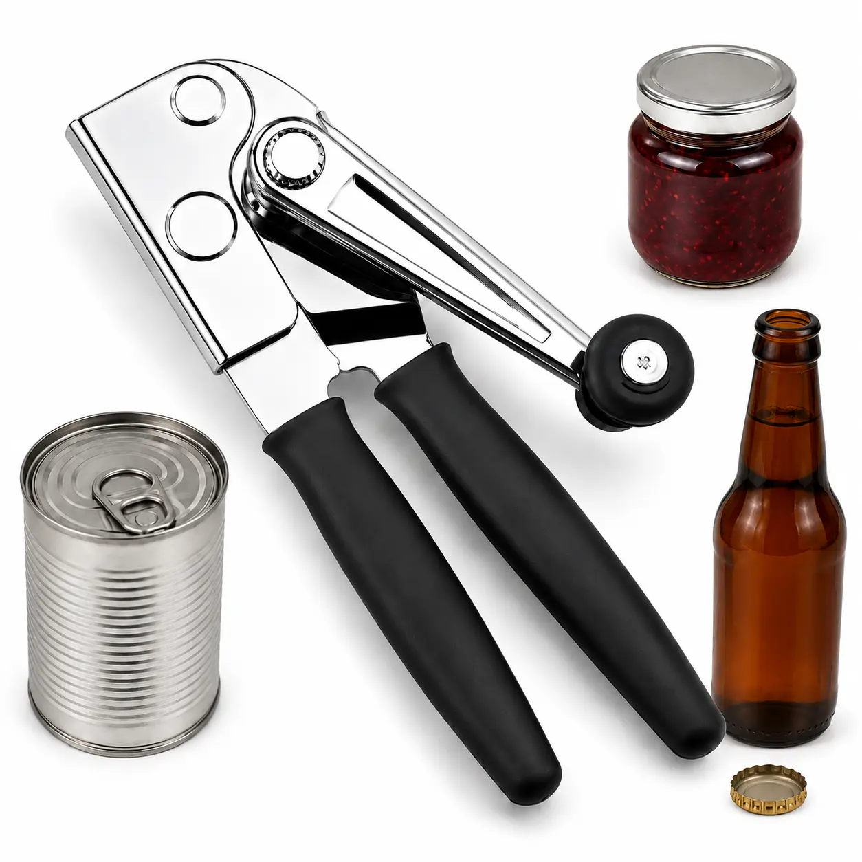 Ergonomic Manual Can Opener, Heavy Duty Stainless Steel, Crank with Oversized Knob, Soft Rubber Handle, Smooth Edge Safety Magnet, for Big Cans, Seniors, Commercial Home Use