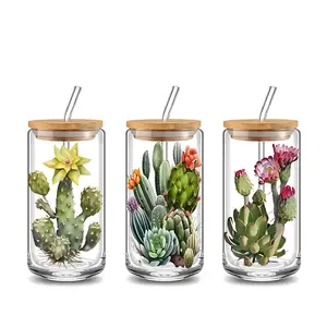 Cute Cactus Succulent Design 16oz Clear Glass Water Cup with Lid and Straw, Bamboo Lid Reusable Glass Drinking Cup, High-Quality Glass Jar Design, Suitable for Iced Coffee, Beer, Juice, Milk, Cold Drink Glass Cups, Drinkware