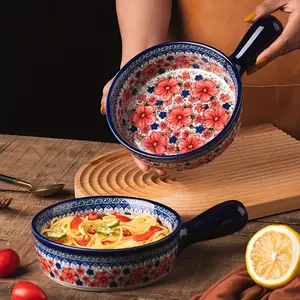 Hand-Painted Chinese-Style Ceramic Bowl & Baking Tray, Microwave Safe, Glossy Plum Peony Design, Two-In-One Earthenware Pot, Instant Noodles Bowl