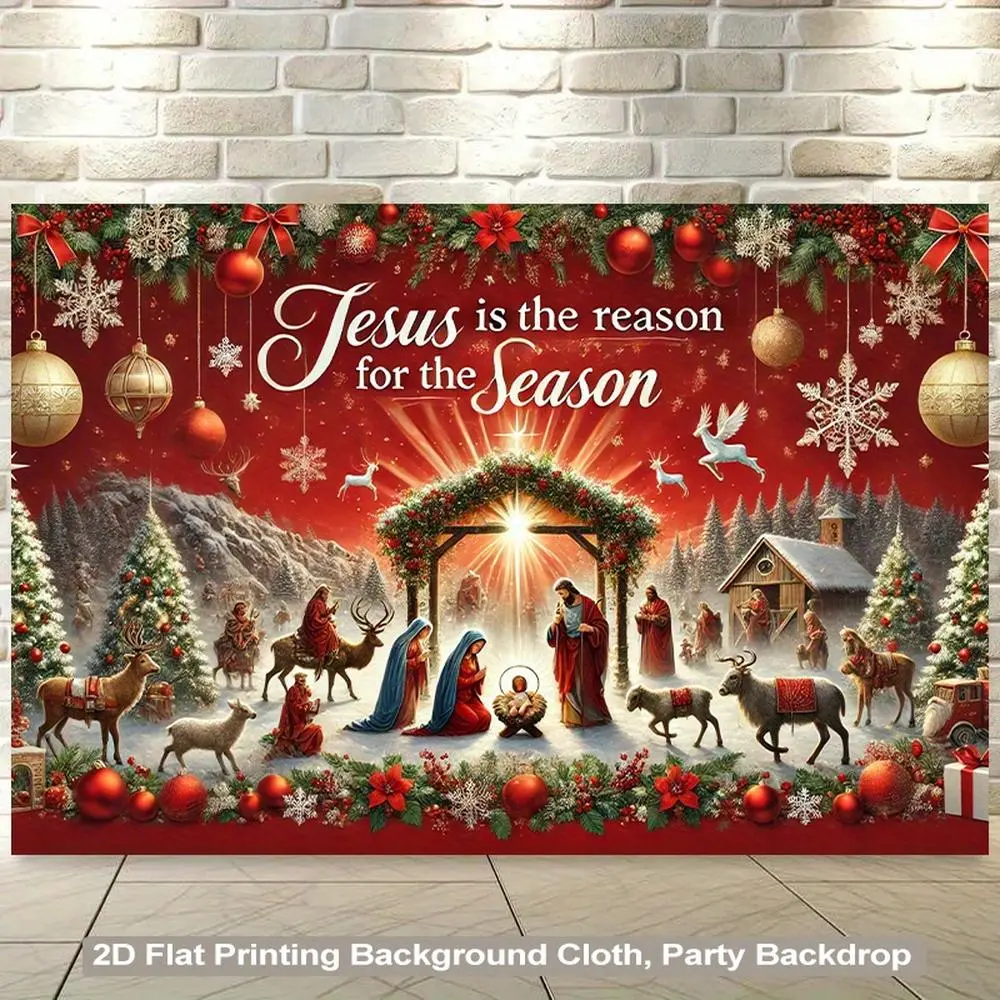 Christmas Nativity Scene Backdrop Decoration Set, 1pc 2D Flat Vibrant Polyester Printed Banner, Cozy Mary-Joseph-Shepherds Design, Snowy Mountain & Starry Night, for Living Room Parties, Home Supplies, Banners