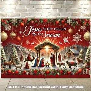 Christmas Nativity Scene Backdrop 2D Flat 1pc Vibrant Polyester Fabric Mary Joseph Youngsters Shepherds Snowy Mountain Starry Night Design for Living Room Bedroom Office Party