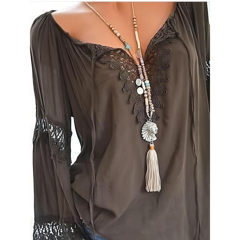 Women's plus Size V-Long Sleeve Top with Elegant Edges and Heart-Shaped Pendant Details, Spring/Autumn See-through White Casual Wear