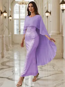 CF Women’s elegant cape-sleeve sequin mermaid dress with a cape, featuring a gentle, light luxury style, suitable for evening parties, wedding guests, and high-end social occasions.