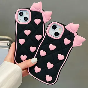 3D Cute Bowknot Heart Grid Soft Silicone Protective Phone Case for iPhone 11 12 13 14 15 16 Pro Max Lovely Girly Cover, Shell Protection Shockproof Casing cute cartoon Protector Screen Protector Friend Cellphone Smartphone Handle Protector Black