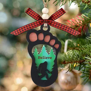 Bigfoot Believe Christmas Ornament, Bigfoot Mountain Green Forest Ornament, Bigfoot Gifts, 2 Layer Carved Wooden Ornament, Christmas Tree Ornament Hanging Decoration, Christmas Home Decoration Party Holiday Decor, Gift with Bow Lanyard