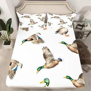 Hunting and Fishing Fitted Sheet,Mallard Duck Bed Sheet Set,Wild Animal Bedding Set,Wildlife White Bed Cover,Twin Full Queen Size,No Flat Sheet Pillow