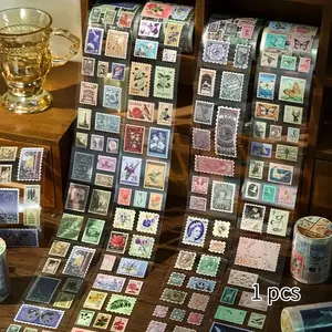 Random Color Vintage Stamp Pattern Tape, 1 Count Decorative Adhesive Tape for DIY Scrapbook, Office Stationery & Supplies, Creative Students Stationery