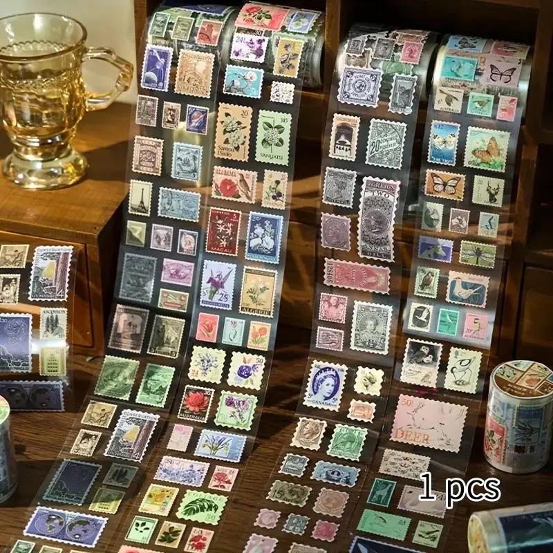 Random Color Vintage Stamp Pattern Tape, 1 Count Decorative Adhesive Tape for DIY Scrapbook, Office Stationery & Supplies, Creative Students Stationer