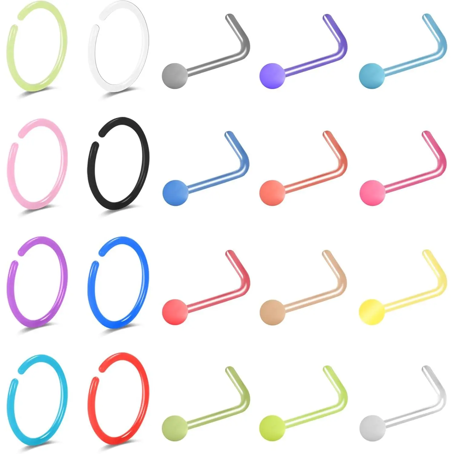 20G Nose Ear Rings Hoop Plastic Acrylic Colorful Flexible Nose Piercing Retainer Rings Cartilage Bioplastic Hoop Studs Nostril Piercing Jewelry for Work Surgery Sports Women Men