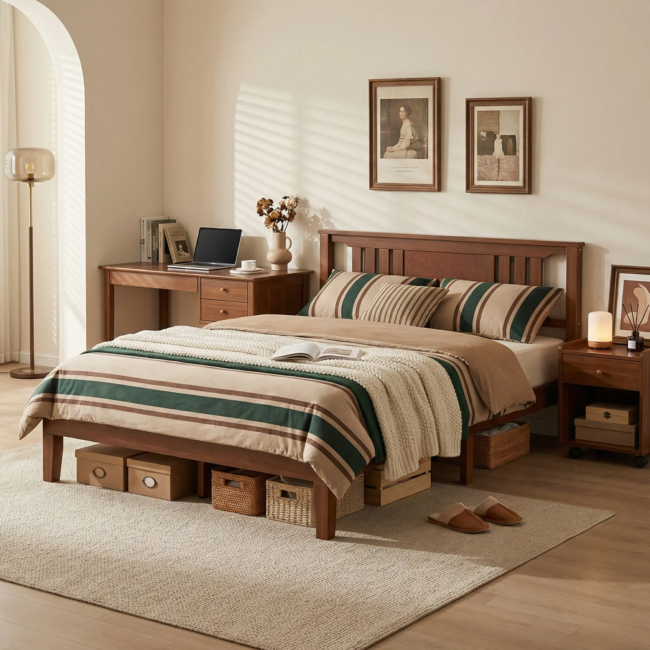 Mid Century Solid Wood Platform Bed with Headboard, Full Size Bed Frame with Wood Slat Support, No Box Spring Needed, Walnut Finish
