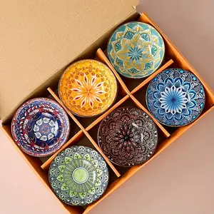6-piece Bohemian style ceramic bowls with vibrant mandala patterns, dishwasher and microwave safe, perfect for cereals, soups, and salads