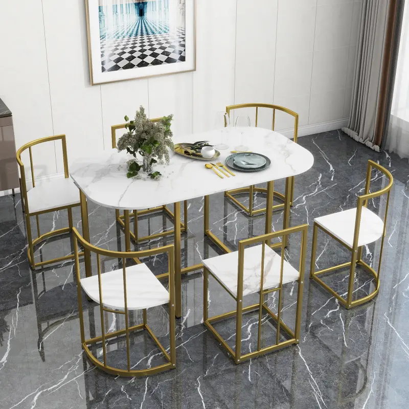 7-Piece Dining Table Set, Faux Marble Compact 55Inch Dining Table Chair Set for 6, Modern Kitchen Dining Room Furniture Set