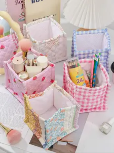 Cute Cosmetic Storage Basket, Desk Storage Box with Quilted Pattern, Organizer Basket for Tabletop, Miscellaneous Storage Solution, Floral Pattern Basket