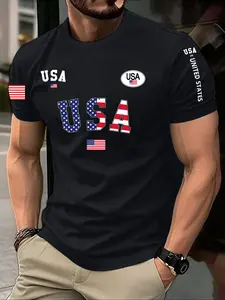 Men's Classic Letter Flag Print T-Shirt, Summer Round Neck Short Sleeve Casual Athleisure Street Comfort Top, Outdoor Wear, Fitted Style
